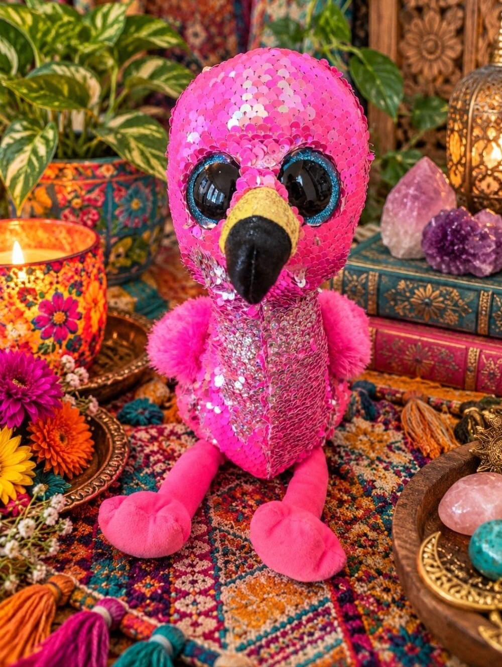 4/$15 Ty Pinky Flamingo Plush 13" Pink Sequin Kitsch Maximalist Kidcore Y2K Deco